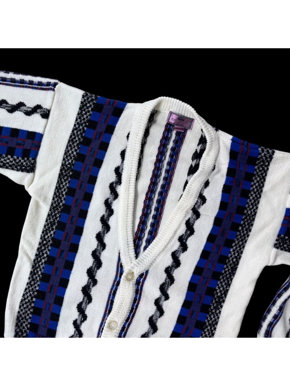 Vintage Cardigan Sweater XL White Blue Black Concrete Mix 1980s Hong Kong Geomet